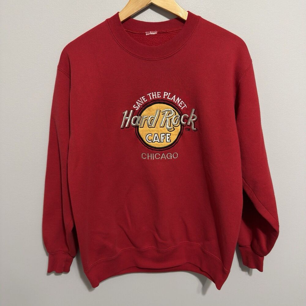 Vintage 90s Hard Rock Cafe Chicago Sweatshirt Large Red Save The Planet USA Made